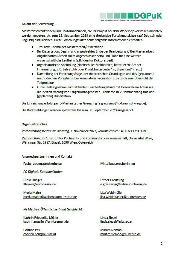 Fachgruppe Medien, Öffentlichkeit und Geschlecht (@fg_moeg) on Twitter photo Call: Prädoc-Workshop im Rahmen der Jahrestagung der Fachgruppen Medien, Öffentlichkeit und Geschlecht <a href="/fg_moeg/">Fachgruppe Medien, Öffentlichkeit und Geschlecht</a> und Digitale Kommunikation <a href="/DGPuK_DigiKomm/">@digikomm@mastodon.online</a> 📣
7. November, 14-17 Uhr in Wien
Bewerbung bis 15. September.
Bewerbt euch zahlreich und leitet den Call gerne weiter! Call: Prädoc-Workshop im Rahmen der Jahrestagung der Fachgruppen Medien, Öffentlichkeit und Geschlecht <a href="/fg_moeg/">Fachgruppe Medien, Öffentlichkeit und Geschlecht</a> und Digitale Kommunikation <a href="/DGPuK_DigiKomm/">@digikomm@mastodon.online</a> 📣
7. November, 14-17 Uhr in Wien
Bewerbung bis 15. September.
Bewerbt euch zahlreich und leitet den Call gerne weiter!