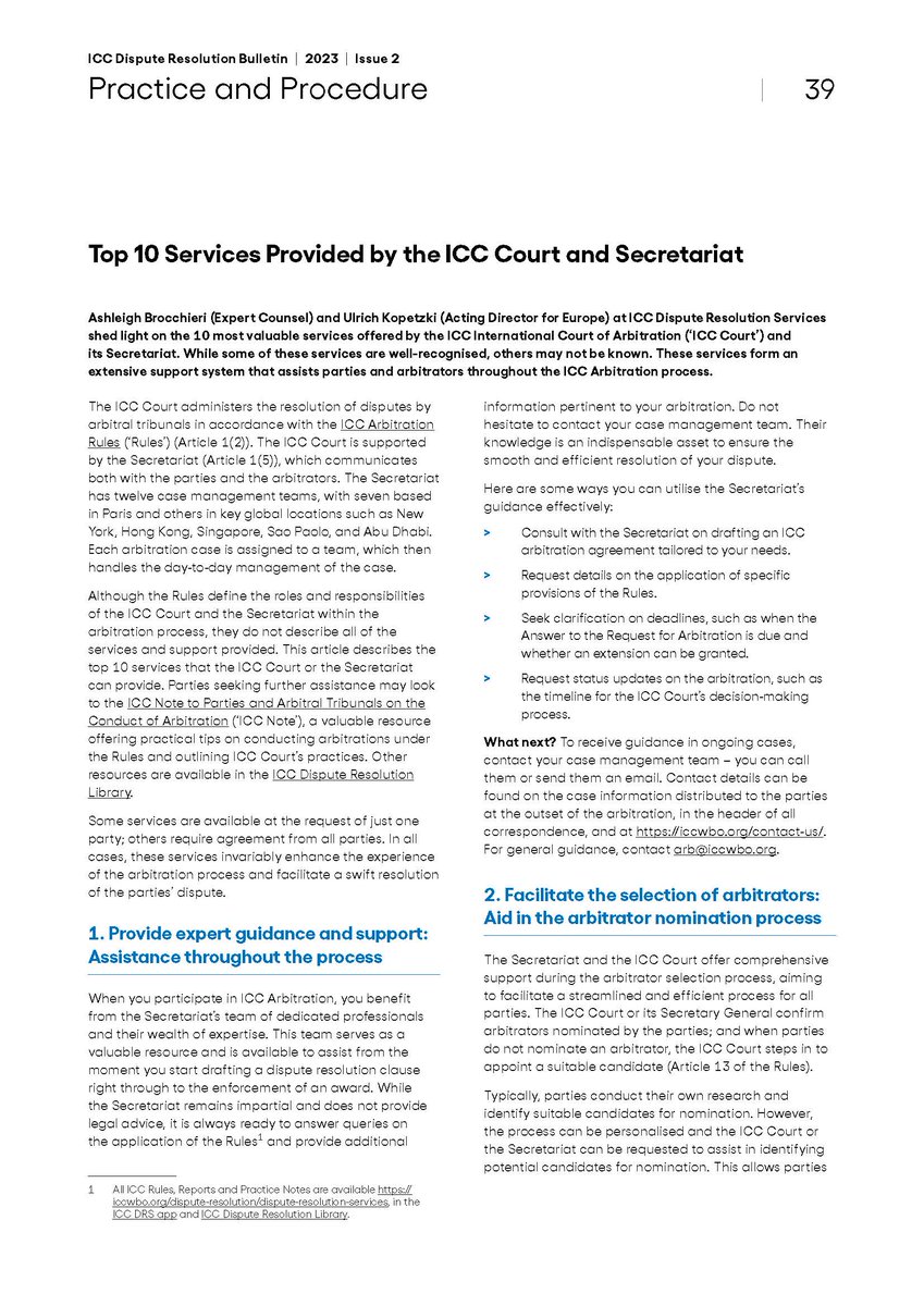 Top 10 Services Provided by the ICC Court and Secretariat ✅ Read the article below 👇

🤓 Looking for more to read this weekend? Download the full #ICCBulletin now at the ICC Dispute Resolution Library on Jus Mundi 🔗 jusmundi.com/en/document/pu… 

#ICCCourtat100 #ICCArbitration