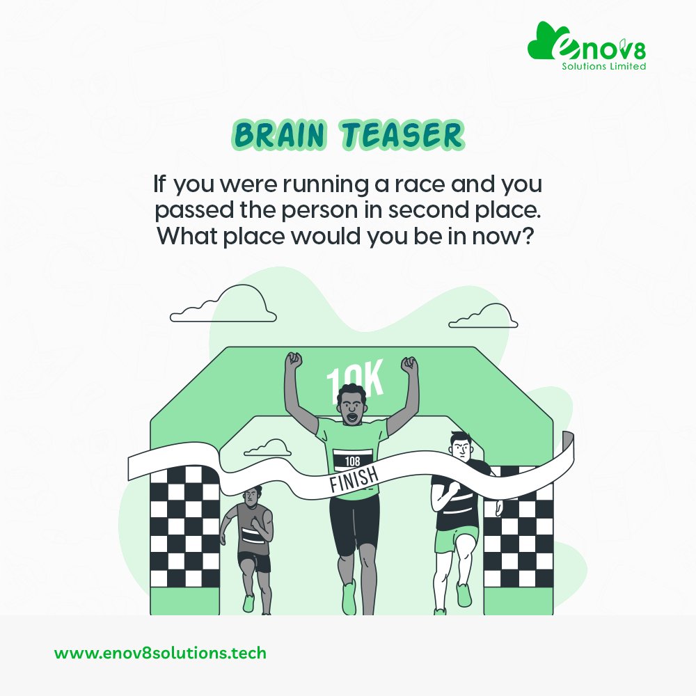 If you were running a race and you passed the person in second place. What place would you be in now?   

Can you guess?  

Hint: The answer is a word in the question.😇  
  
#fridaytrivia #enov8solutions #seamlessfuture #brainteaser #fridayquiz