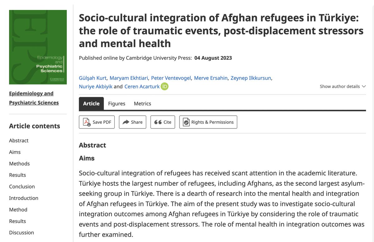 Mental health is an indispensable resource for the social and cultural integration of displaced communities. 

See our recent study with displaced Afghan communities in Türkiye. 
<a href="/CerenAcarturk/">Ceren  Acarturk</a> <a href="/VentevogelPeter/">Peter Ventevogel</a> @maryam_ekhtiari 
For full text:  doi.org/10.1017/S20457….