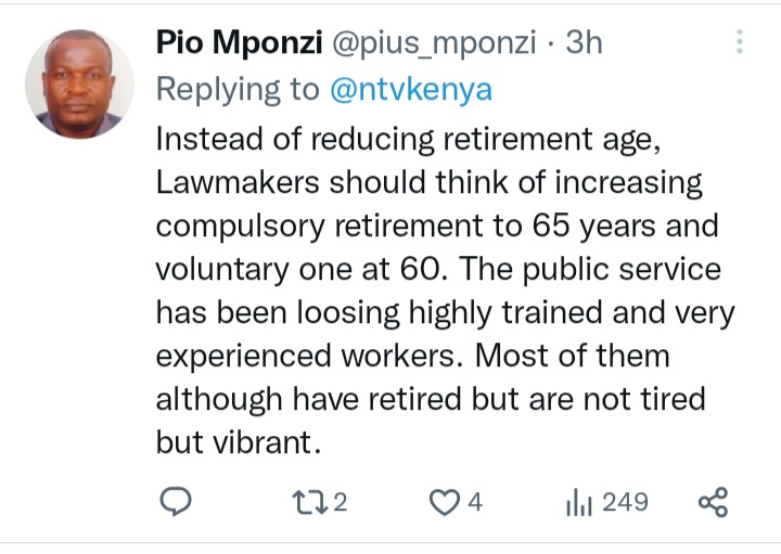 <a href="/JamiiForums/">Jamii Forums</a> Wabunge wafikirie kuongeza umri wa kustaafu kuwa miaka 65.  Profesa kwenye chuo kikuu cha umma TZ umri wa kustaafu ni miaka 65. Hivyo, watumishi wabobezi kustaafu miaka 60 kuna athari kubwa na ni upotevu wa HR. Aidha, kuna fani sasa vijana hawataki kusoma kutokana na ugumu wake.