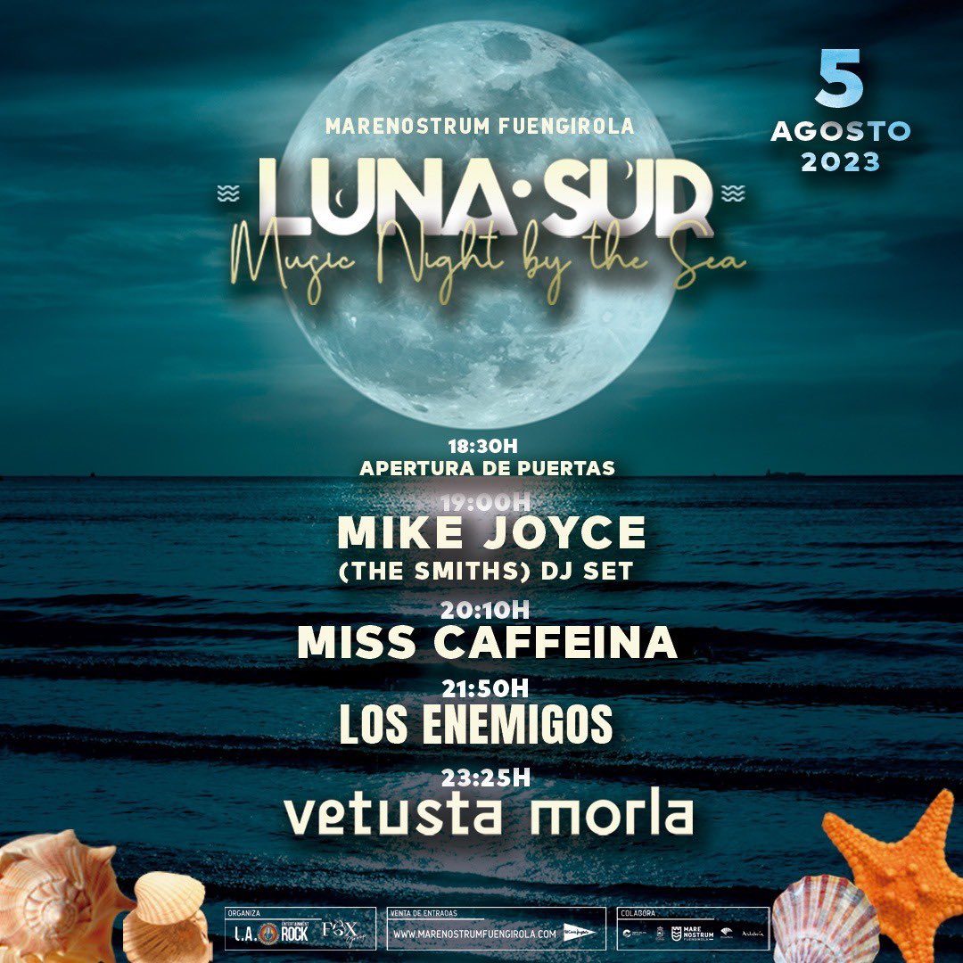 ¡Mañana es el día y estamos deseando reecontranos con todos vosotros y vosotras en esta nueva edición de Luna Sur Nights! 🌙🎶🌊Gracias a todos por un año más, juntos haremos memorable este verano 2023. 

Última oportunidad para hacerte con tus entradas 🎟 ticketmaster.es/event/luna-sur…