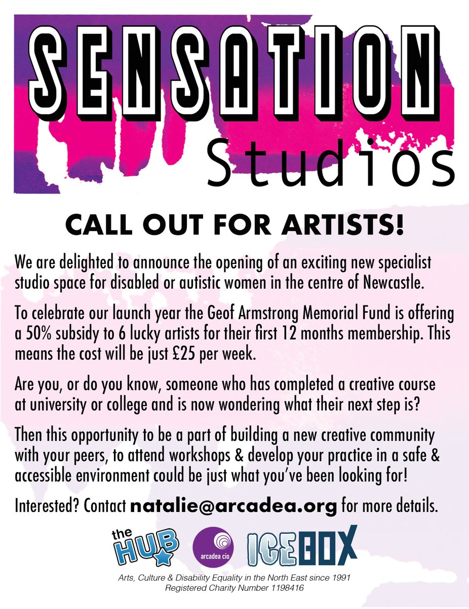 Call out for artists! A new specialist studio space is opening in Newcastle for disabled or autistic women. To celebrate the launch the Geof Armstrong Memorial Fund is offering a 50% subsidy to 6 artists. To find out more contact natalie@arcadea.org facebook.com/ArcadeaArts