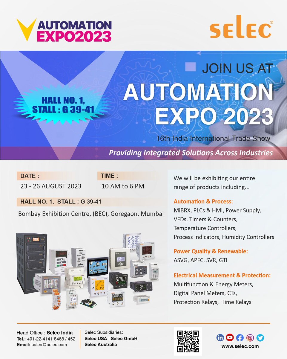 Selec Controls Pvt. Ltd. is looking forward to see you at Automation Expo 2023!

Venue: BEC, Goregaon East, Mumbai, India
Schedule: 23rd to 26th August 2023
Hall No. 1, Stall: G 39-41

Let's redefine the future of automation together! 

#selec #automationexpo #IoT #madeinindia