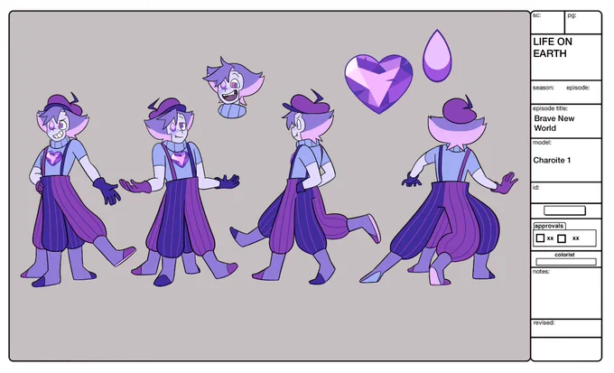 Finally its done! All three ref sheets for my #gemcyt fusion  Charoite, Buttercup Calcite, and Abalone!