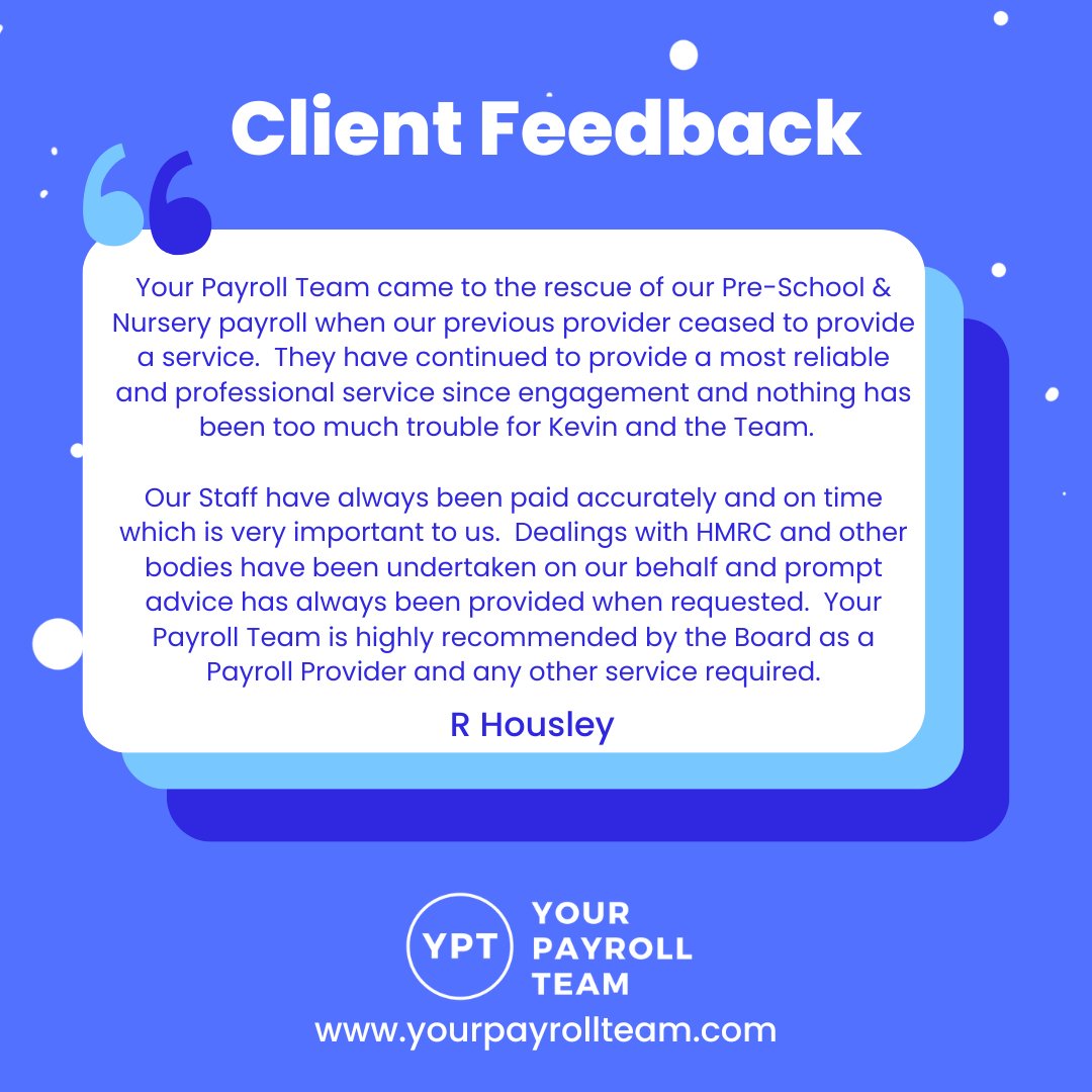 YourPayrollTeam's tweet photo. Amazing feedback received from one of our clients this week!

If you're looking for a payroll partner to help you with your payroll requirements, get in touch.

https://t.co/iMnKoovcK4 https://t.co/nLBu0phJrl