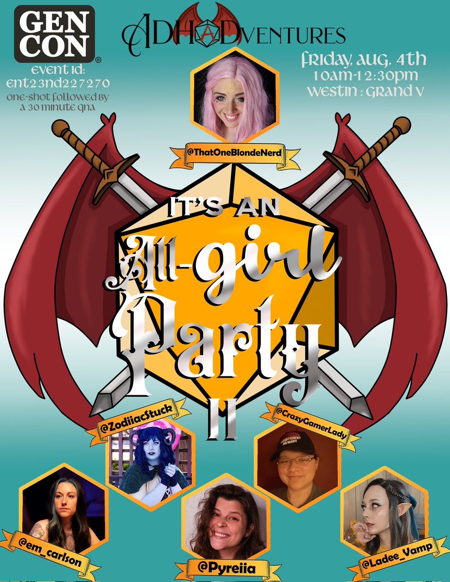 ADHaDventures's tweet photo. What's that, GenCon??!?

It's an All-Girl Party??!? 👀

Bring it on!! 🙌⚔️😁😏

If you're at @Gen_Con, be sure to join us for more fun &amp; shenanigans!

10am, Westin: Grand V.

Tickets: https://t.co/6nsbA9FshL

Be there! #ttrpg #dnd #allgirlparty #womeningaming #femmegm https://t.co/CoPxnDyxQP