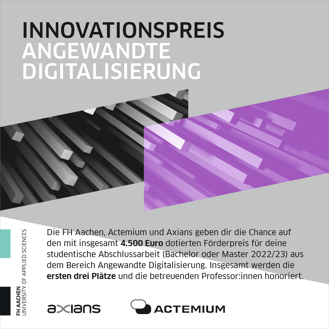 📣 Studierende der #FHAachen aufgepasst: Smarte Ideen sorgen nicht nur für gute Noten, sondern können auch Preise 🏆 gewinnen!

👉 Bewerbt Euch bis 28.8.23 auf unseren #Innovationspreis für angewandte Digitalisierung: hthttps://ve.link/0szu
#Digitalisierung #Nachwuchsfoerderung