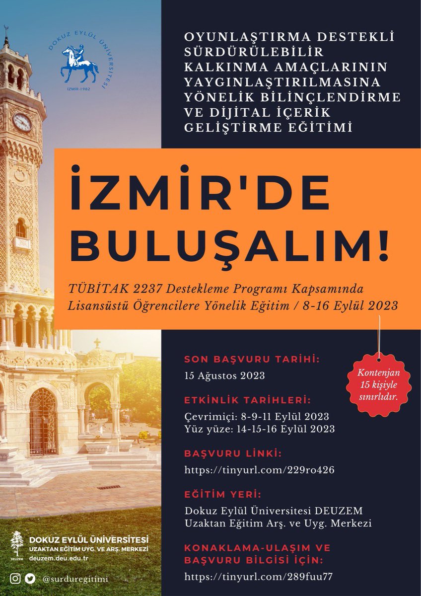 Oyunlaştırma Destekli Sürdürülebilir Kalkınma Amaçlarının Yaygınlaştırılmasına Yönelik Bilinçlendirme ve Dijital İçerik Geliştirme Eğitimi için İzmir’de buluşuyoruz!!! Sen de katılmak istersen başvuru formunu doldur : 
tinyurl.com/229ro426
#Tübitak #ska #oyunlaştırma