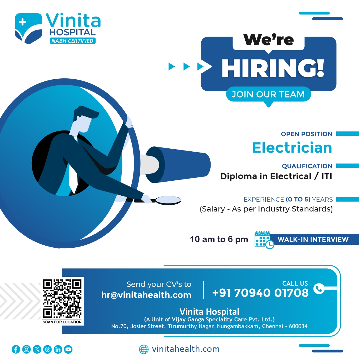 VinitaHealth's tweet photo. We're Hiring, Join Our Team
Open Position: Electrician
Qualification: Diploma in Electrical / ITI
Experience: 0 TO 5 years
Salary: As per Industry Standards
#werehiring #electrician #iti #diploma #engineeer #interview #career #jobsearch #jobs #live #resume #hiring #recruitment https://t.co/QMLnZ1j6nl