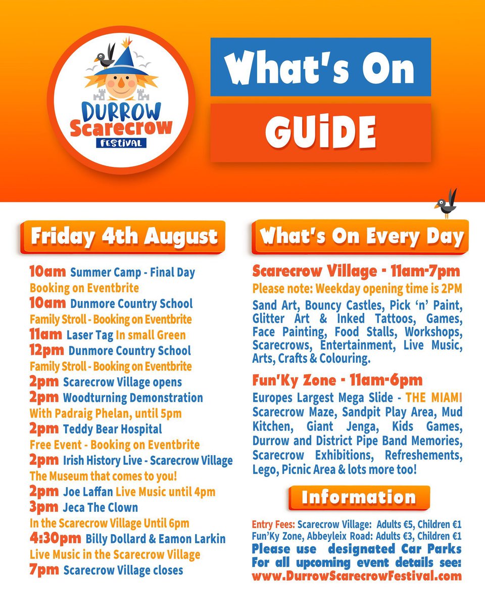 🌟🎉 It's going to be an amazing Friday, 4th August, at Durrow Scarecrow Festival! 🎭 Check out the exciting lineup for the day:

#durrowscarecrowfestival #dsf23