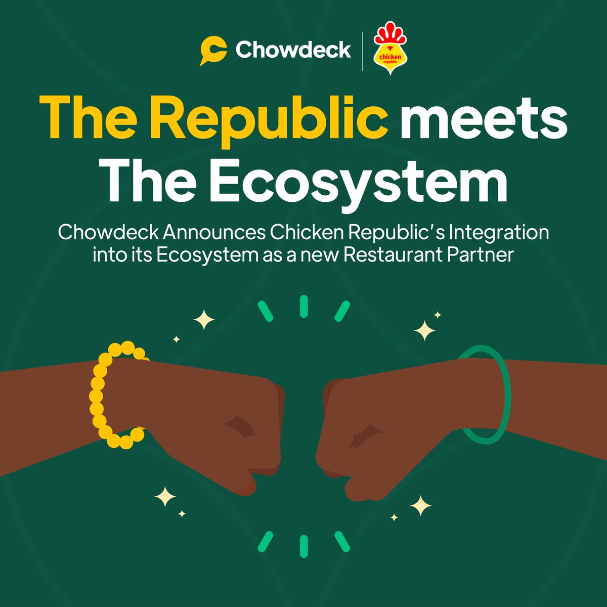 chowdeck's tweet photo. It’s a new dawn at Chowdeck! 💚 ✨ 

We’re beyond thrilled to announce Chicken Republic (@ChickenRepublic), West Africa’s fastest growing quick-service restaurant, as our newest restaurant partner! 🍗 🍟

#Chowdeck #TrustOnlyChowdeck #ChickenRepublic #NewOnChowdeck #BigNews https://t.co/IdTb4Kwlqz