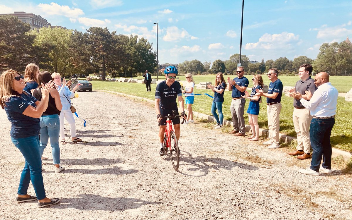 TraceMIRide's tweet photo. Tim arrived at Erma Henderson Park in Detroit yesterday to cheers from family, friends, colleagues, and the media! #tracemi #ridewithtim #cycling #fundraiser #nonprofit #puremichigan #detroit #cyclist https://t.co/Y9HN1916P7