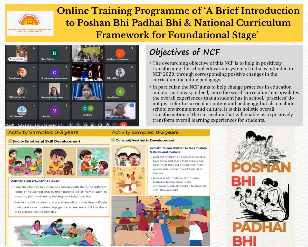 SPNIWCD_MWCD's tweet photo. An Online Training Programme of ‘A Brief Introduction to Poshan Bhi Padhai Bhi &amp; National Curriculum Framework for Foundational Stage’ was organized for the functionaries of Anganwadi Services Scheme under Umbrella ICDS on 25-26 July, 2023 atNIPCCD, New Delhi.
#PoshanBhiPadhaiBhi https://t.co/yDjNYjCG6Q