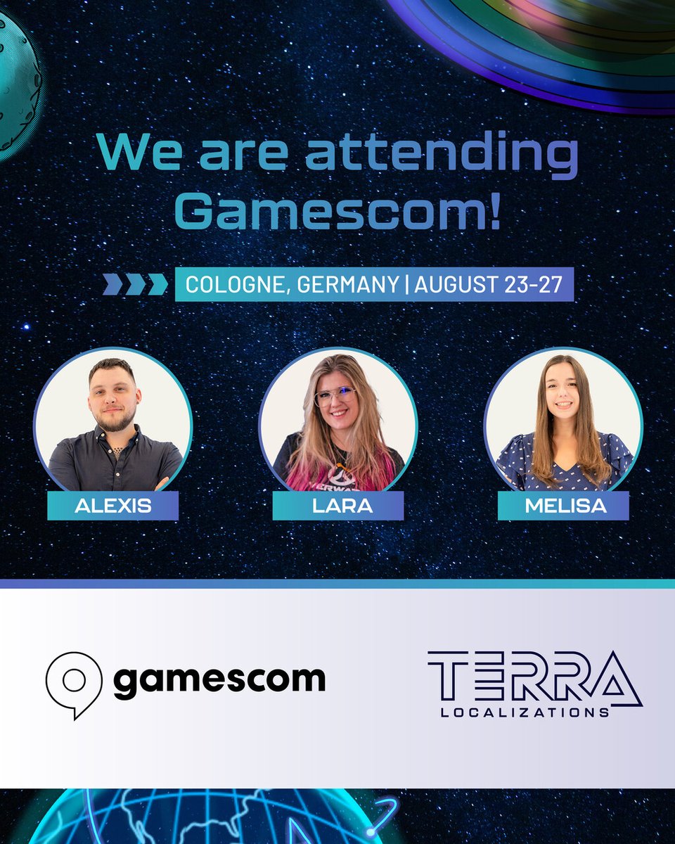 Terra_Loc's tweet image. 🗓️  Ale, Meli, and Lara will be representing us at this gamescom 2023 in Cologne, Germany from August 23 to August 27. Mark your calendars! 

#gamescom2023 #VideoGameLocalization #Gaming #gamescom
