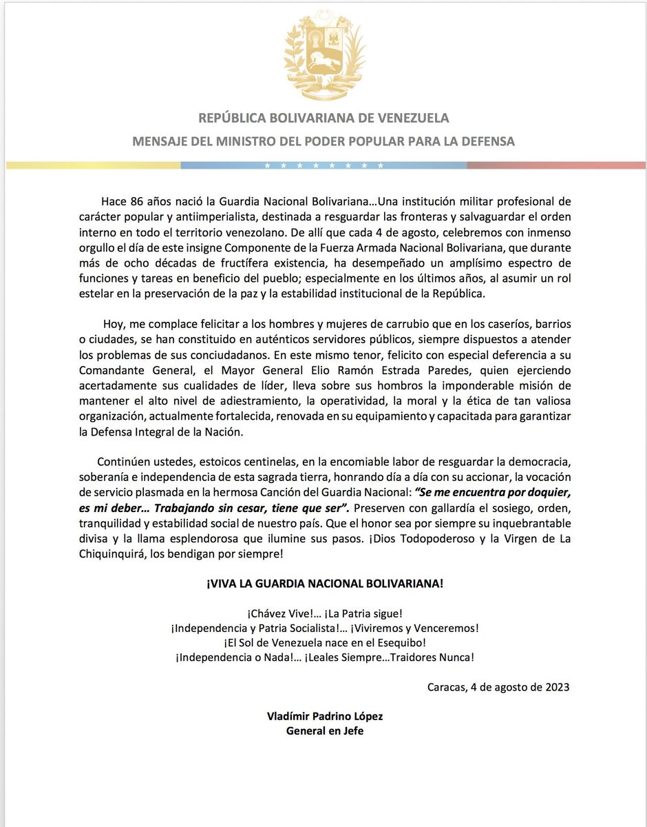 GnbGaranteDePaz's tweet photo. #4Ago 📌Mensaje del GJ. Vladímir Padrino López, en ocasión de celebrarse el 86° Aniversario de la Guardia Nacional Bolivariana.

Enlace: https://t.co/WXWyyOP6Gi https://t.co/9Xxo61lIMD