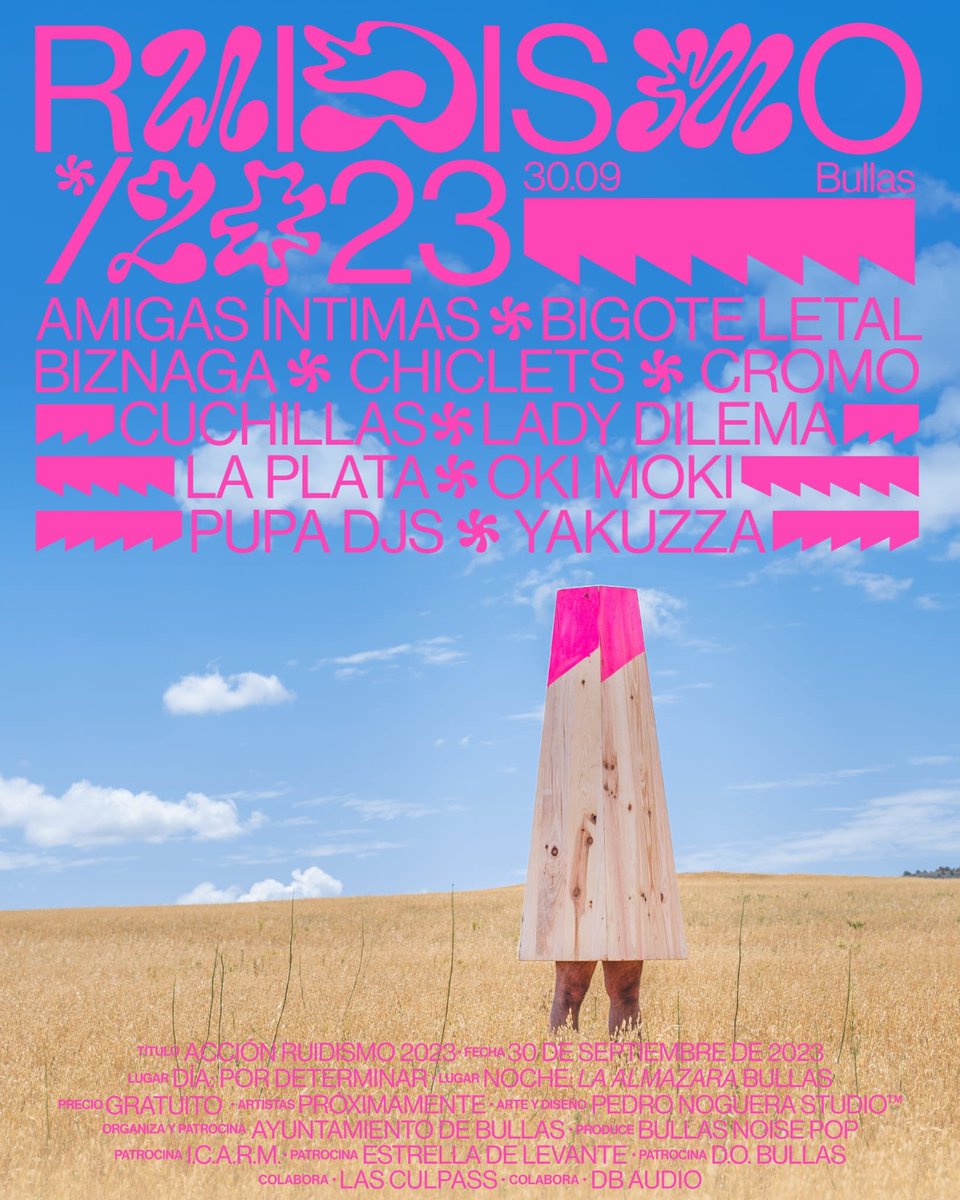 Cartel definitivo #Ruidismo2023
Bullas, sábado 30 de septiembre.
Entrada libre.

Organiza y patrocina: <a href="/aytoBullas/">Ayuntamiento Bullas</a> 
Pruduce: #bullasnoisepop
Otros patrocinadores: #ICA, <a href="/estrellalevante/">Estrella de Levante</a> y <a href="/DOP_Bullas/">BULLAS D.O.P</a> #dobullas.

Arte y diseño: <a href="/_drpetrus/">Pedro  Noguera</a> 

#Bullas #Música #Vanguardia #Gastronomía