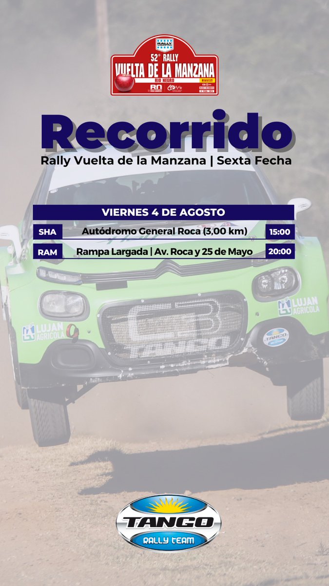 TANGO RALLY TEAM (@tangorally) on Twitter photo Así será nuestro viernes en el #rallyvueltamanzana
Arranca la sexta fecha del <a href="/RallyArgentino/">Rally Argentino</a> 💪 Así será nuestro viernes en el #rallyvueltamanzana
Arranca la sexta fecha del <a href="/RallyArgentino/">Rally Argentino</a> 💪