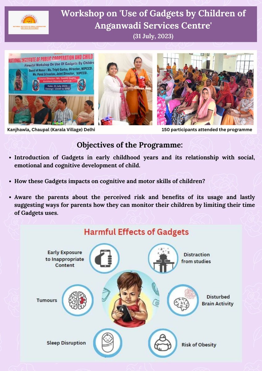 SPNIWCD_MWCD's tweet photo. A Workshop on ‘Use of Gadgets by Children of Anganwadi Services Centre’  for parents was organized on 31 July 2023 at Kanjhawla, Chaupal (Karala Village) Delhi. 150 participants attended the programme.#CyberCrime #Gadgets  #SakshamAnganwadi https://t.co/Fxh5L6luKc