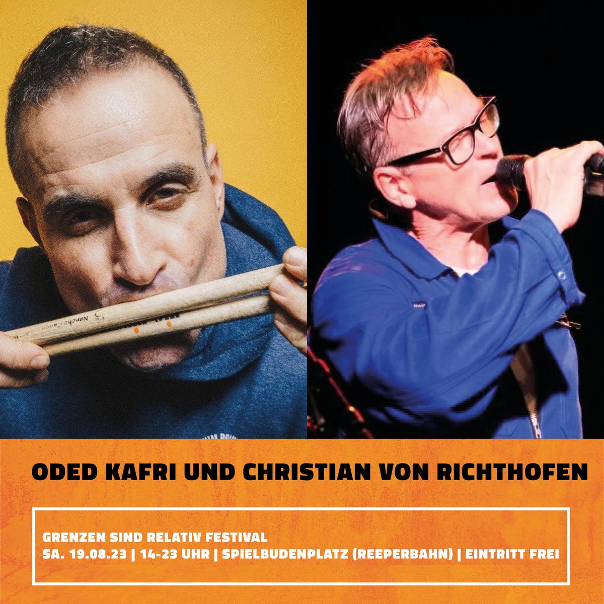 Am 19.08 könnt ihr den israelischen Schlagzeugstar Oded Kafri im Duo mit dem singenden Perkussionisten Christian von Richthofen live auf dem GSR-Festival 2023 @Spielbudenplatz erleben.

Infos zum Festival findet ihr unter: grenzensindreativ.de

#grenzensindrelativ #festival
