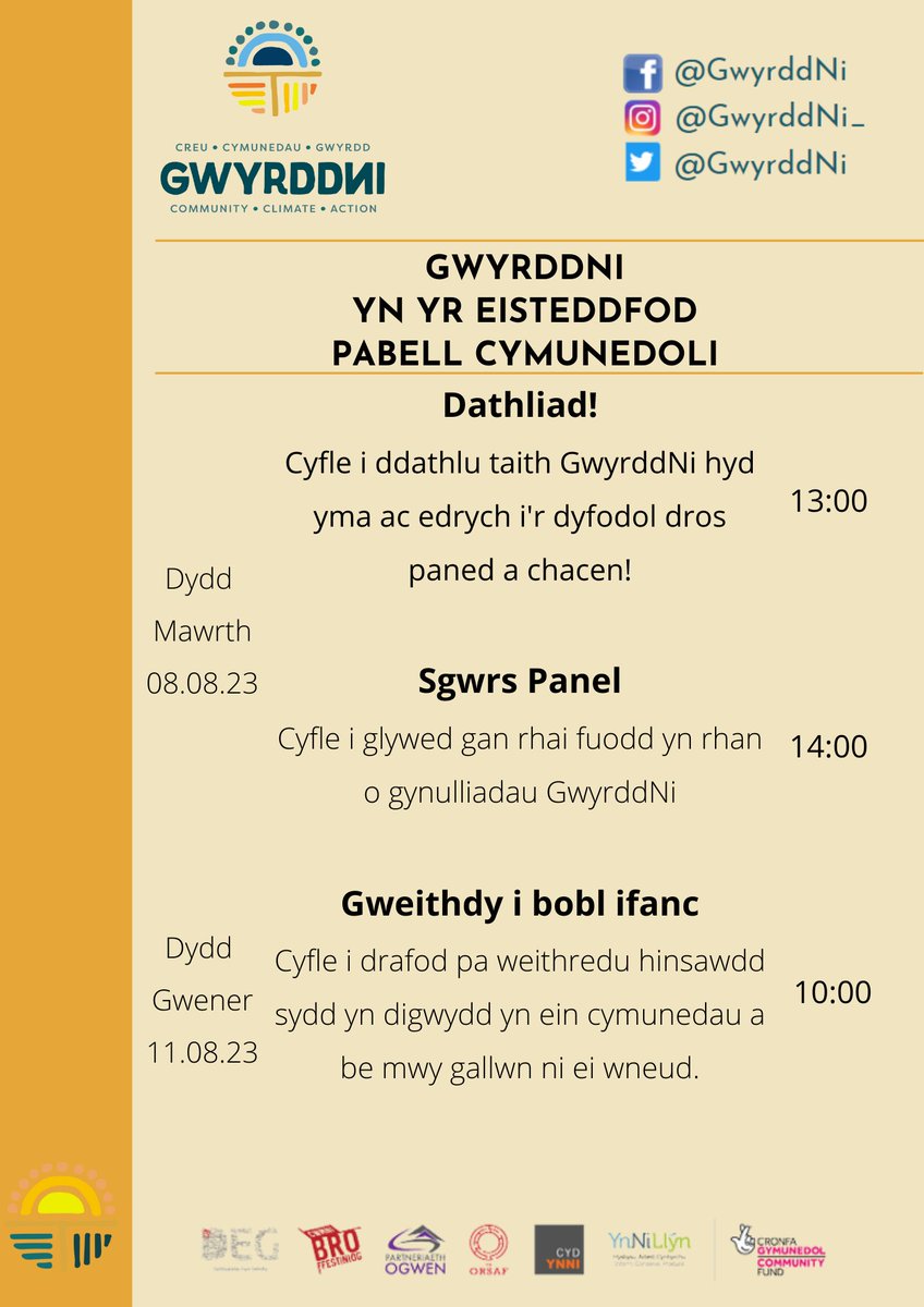 Mae GwyrddNi am fod yn @eisteddfod  drwy'r wythnos yn pabell Cymunedoli! Dewch draw i ddeud helo. Mae'r holl fanylion yn ein cylchlythyr diweddaraf 👇

mailchi.mp/812d438fa817/g…