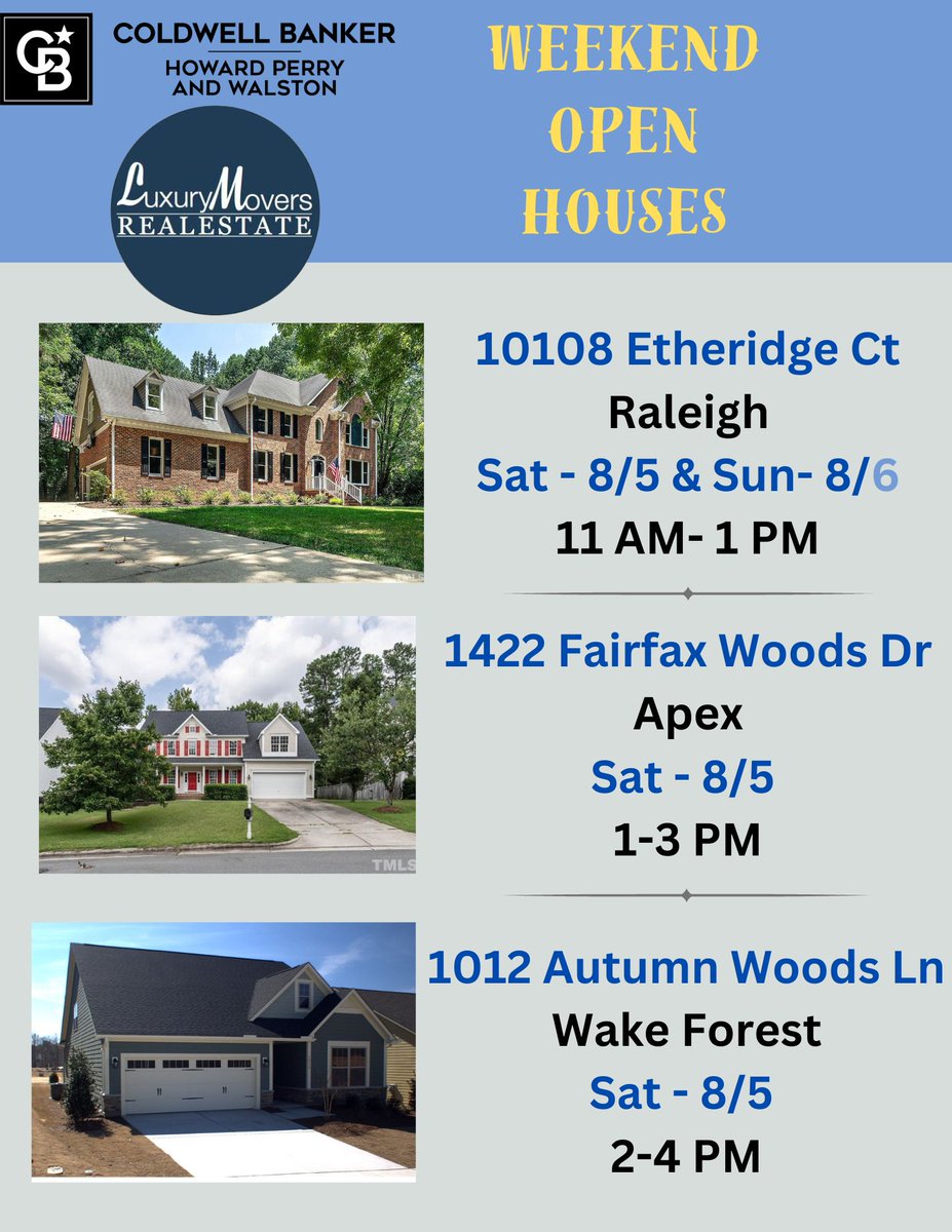 #househunting? #openhouses are a great way to start!  We have some options for you this weekend. More info here: bit.ly/OHweekend #luxurymovers #weekendplans #homesforsale #takeatour #ncrealestate #ncrealtor #trianglerealestate #trianglenc #raleigh #wakeforest #apexnc