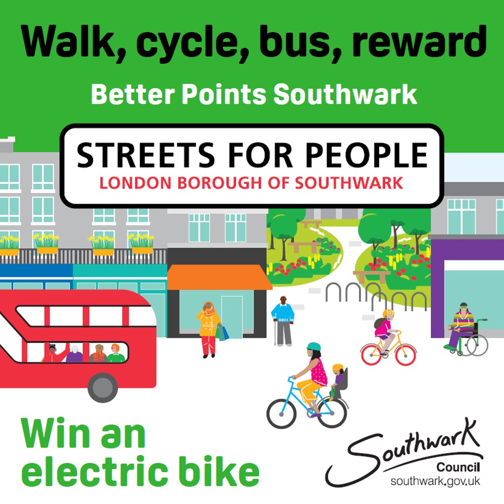 Pop the app in your pocket and earn BetterPoints that can be spent on the high street or donated to charity for getting around by walking, cycling or bus. Make Southwark better for everyone - you could win an electric folding bike orlo.uk/BRso9 #StreetsForPeople