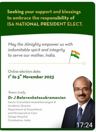 Seeking your Support...#DrBalavenkatISAElection ...kindly share this flier with all your Anaesthesia Colleagues..thankyou @AoraIndia @DrTuhinM @KartikBSonawane