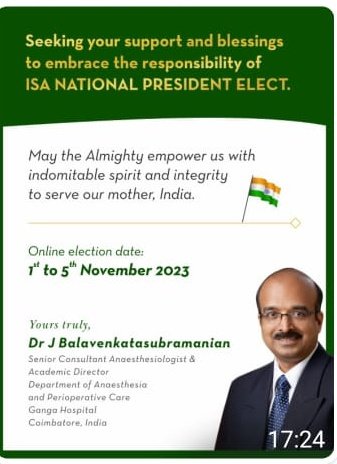 Balavenkat Subramanian (@balavenkatsubr1) on Twitter photo Seeking your Support...#DrBalavenkatISAElection ...kindly share this flier with all your Anaesthesia Colleagues..thankyou
<a href="/AoraIndia/">AORA India</a>
<a href="/DrTuhinM/">Tuhin</a>
<a href="/KartikBSonawane/">Dr.Kartik Sonawane</a> Seeking your Support...#DrBalavenkatISAElection ...kindly share this flier with all your Anaesthesia Colleagues..thankyou
<a href="/AoraIndia/">AORA India</a>
<a href="/DrTuhinM/">Tuhin</a>
<a href="/KartikBSonawane/">Dr.Kartik Sonawane</a>