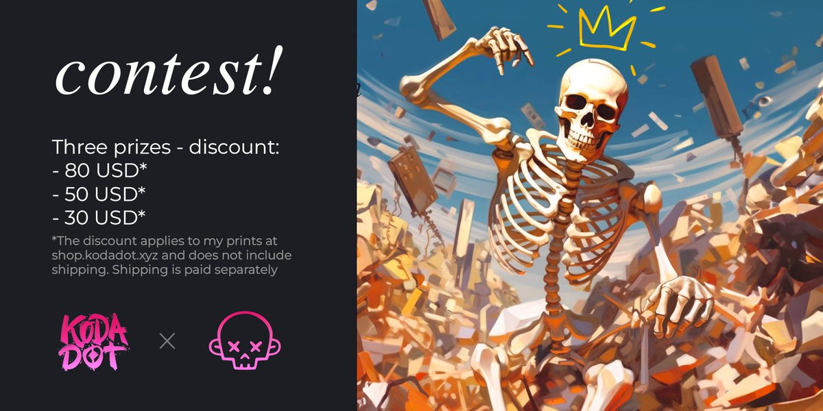 Сontest! ⚡️ You need to come up with a cool idea for a Koda x Skullz collaboration (it can be a hand drawing, photoshop or something else - in general, full flight of fancy - the idea is important!)

To participate you need to subscribe to <a href="/KodaDot/">Koda.art</a> and post your work with the