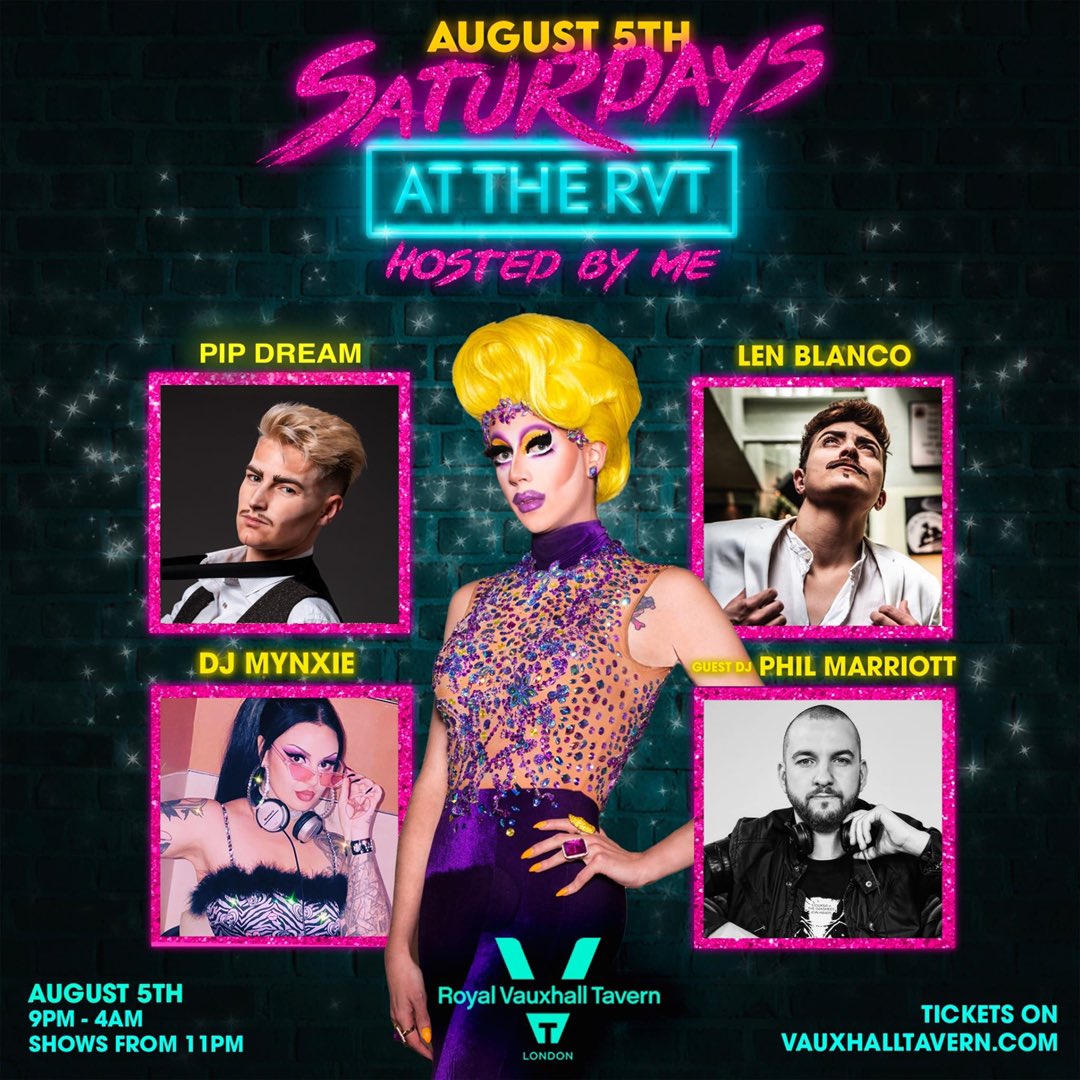 Royal Vauxhall Tavern (@thervt) on Twitter photo 🥳 Join us this Saturday for a night of dazzling cabaret and great pop music!
🥰 With drag bigwig <a href="/me_thedragqueen/">All About Me</a> at the helm, plus some amazing guest acts, and DJs. <a href="/mynxie666/">✖️MYNXIE✖️</a> and @phil_marriott! 🥳 Join us this Saturday for a night of dazzling cabaret and great pop music!
🥰 With drag bigwig <a href="/me_thedragqueen/">All About Me</a> at the helm, plus some amazing guest acts, and DJs. <a href="/mynxie666/">✖️MYNXIE✖️</a> and @phil_marriott!