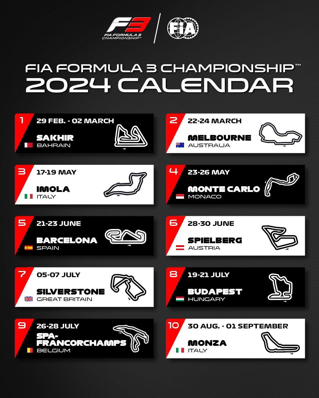 Calendrier de la Formule 2 et de la Formule 3 pour 2024 - GPblog