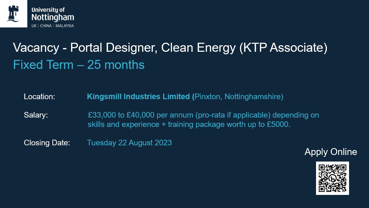 Exciting new role available! A unique opportunity to lead the design and development of a cloud-based energy management tool with <a href="/KingsmillInd/">Kingsmill Industries</a>. 

Apply online: bit.ly/3rXvTQF
Closing date: Tuesday 22 August 2023

#ktp #uon #jobopportunity