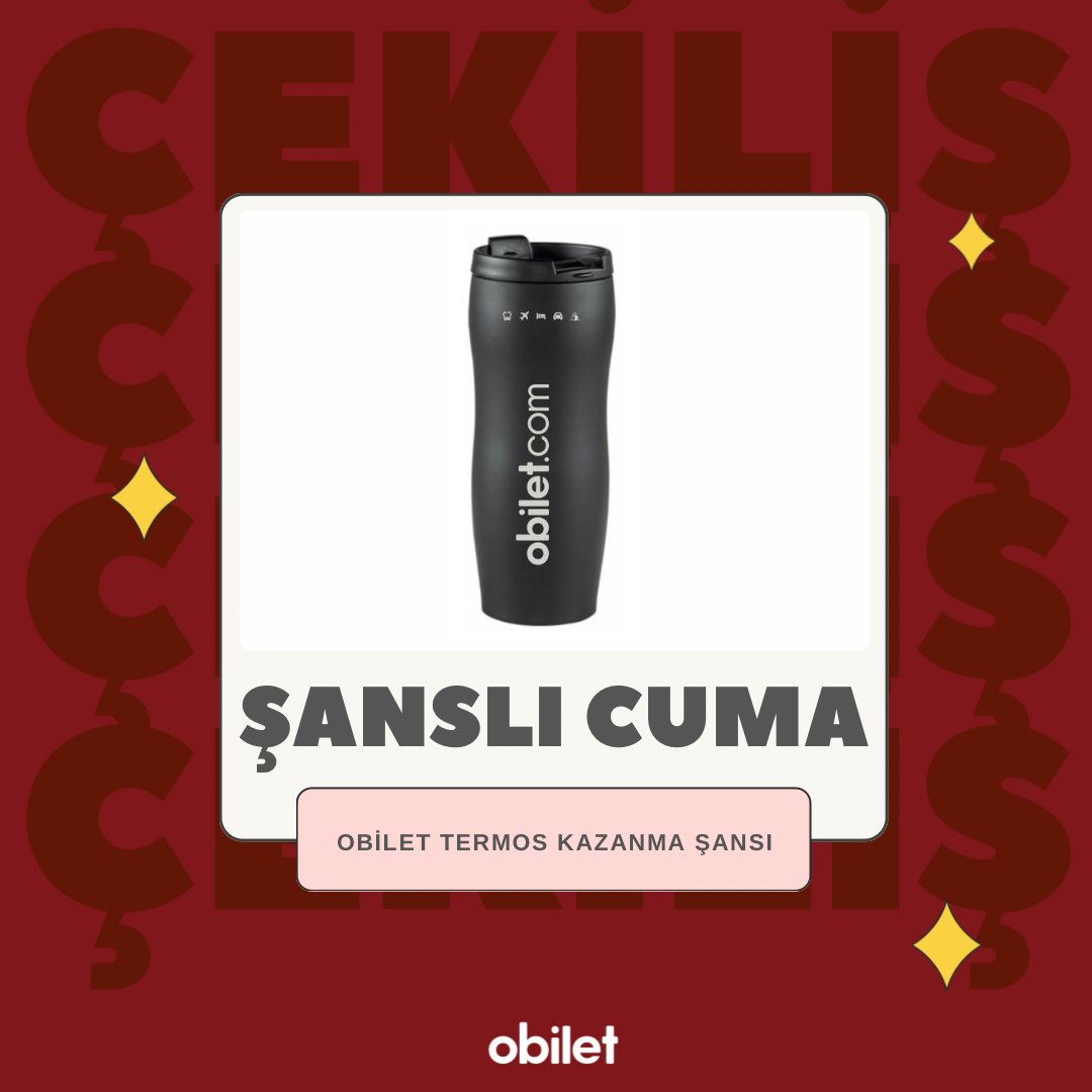 obilet's tweet photo. ŞANSLI CUMA ÇEKİLİŞİ ♥️ 

obilet termos kazanma şansı için yapman gerekenler:
• Bizi takip etmek
• Bu tweet’i RT’leyip altına 1 kişiyi etiketlemek

Sonuçlar 7 Ağustos Pazartesi açıklanacaktır. Herkese bol şans! 🎉 

#çekiliş https://t.co/fKzf4a0ELp