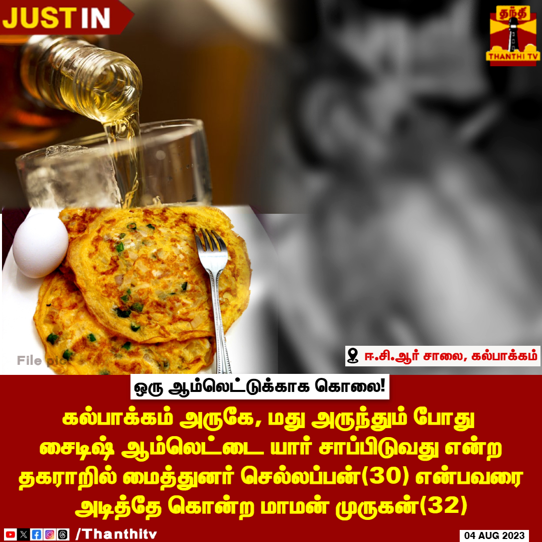ThanthiTV's tweet image. #JUSTIN || ஒரு ஆம்லெட்டுக்காக கொலை!
கல்பாக்கம் அருகே, மது அருந்தும் போது சைடிஷ் ஆம்லெட்டை யார் சாப்பிடுவது என்ற தகராறில் மைத்துனர் செல்லப்பன்(30) என்பவரை அடித்தே கொன்ற மாமன் முருகன்(32)

#omlet | #alcohol #kalpakkam