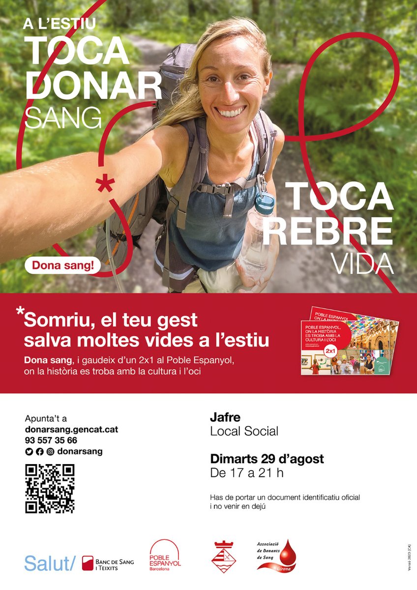 <a href="/ajjafre/">Ajuntament de Jafre</a> <a href="/donasang/">dona sang</a> <a href="/ajpalafrugell/">Ajunt. Palafrugell</a> <a href="/AjPalamos/">Ajuntament de Palamós</a> <a href="/ajuntcalonge/">Ajuntament de Calonge i Sant Antoni</a> Jafre

🗓️ Dimarts, 29 d'agost
 📍 Local Social
⌚ De 17 a 21h

Demana hora 🔗 donarsang.gencat.cat/ca/