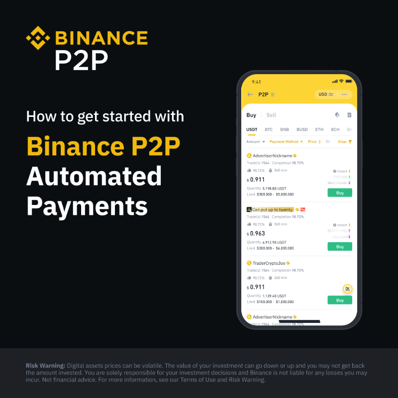 binance's tweet photo. Looking to get started with Automated Payments on #Binance P2P? 

Here's a simple guide to help you 👉