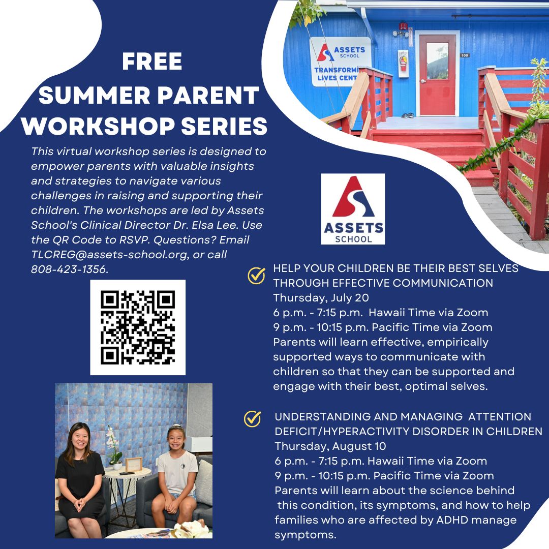 Don't miss the FREE Summer Parents Workshop Series by Assets School. Join us for the second virtual workshop focusing on ADHD on Thursday, August 10. Learn valuable insights and strategies! RSVP by scanning the QR Code or visiting assets-school.org. #AssetsSchool