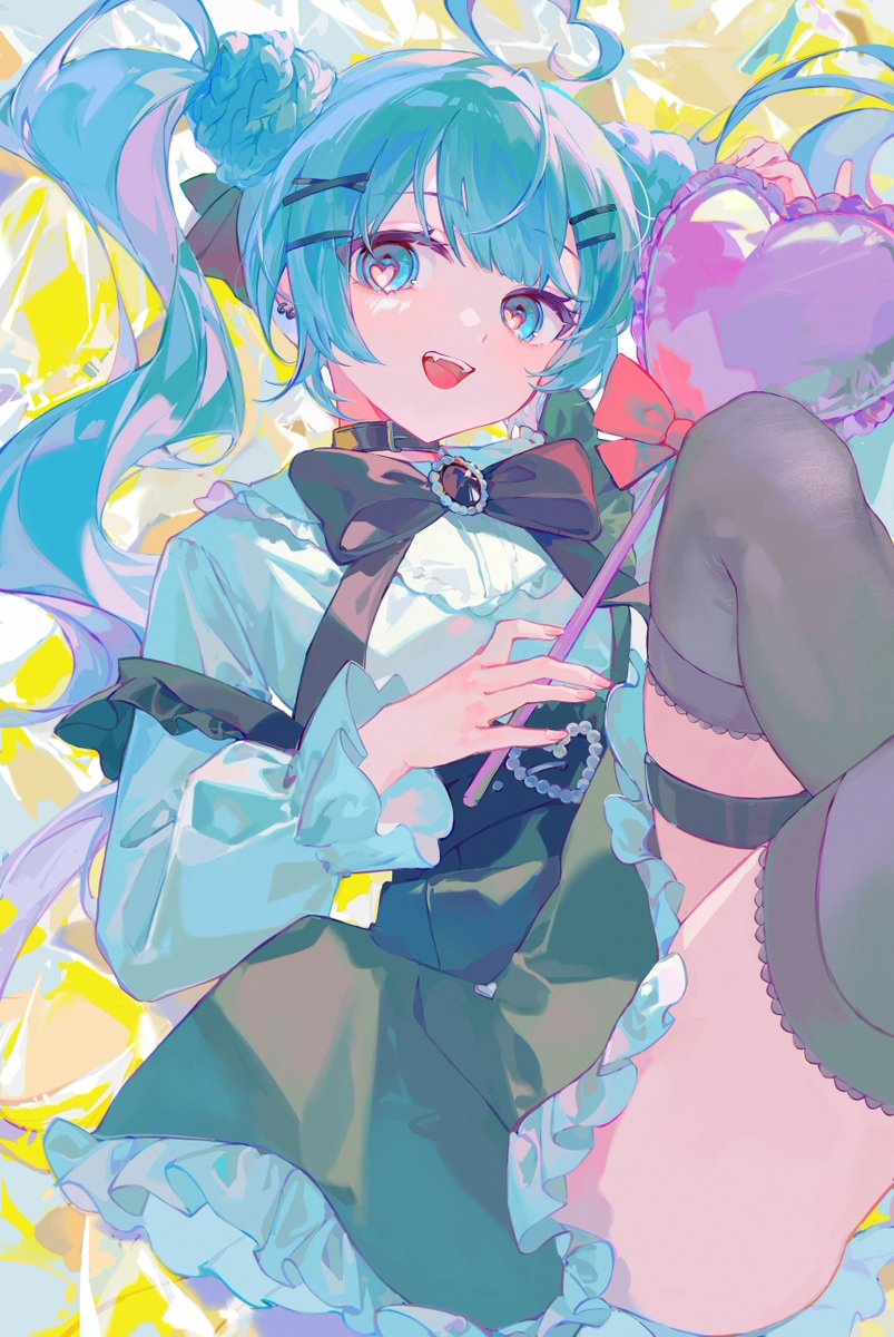 hatsune miku 1girl balloon solo thighhighs skirt twintails heart  illustration images