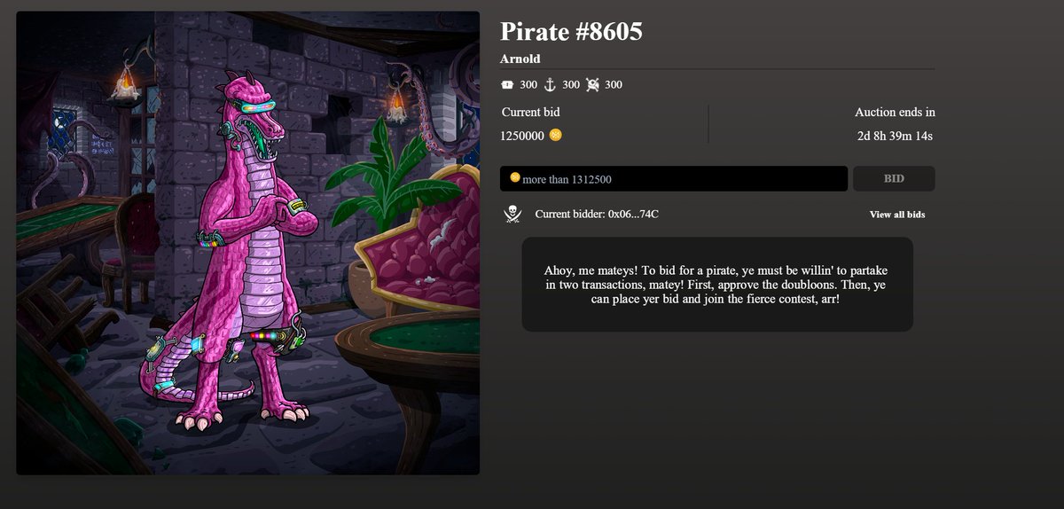 Pirate #8605 - Arnold Skills 300,300,300 Current bid: 1,250,000 $DBL auction.damnedpiratessociety.io #DPS #BeMorePirate