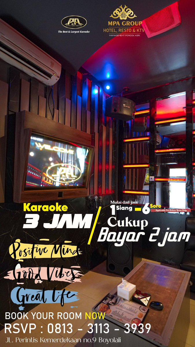 Door Open 1PM, Until Close
The Best &amp; Largest Karaoke in Boyolali 
Doors Open 1PM, Until Close
The Best &amp; Largest Karaoke in Boyolali 
More reservation : 
☎️ (0276) 3280117
📲 wa.me/6281331133939