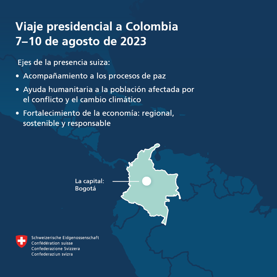 El Presidente de La Confederacion <a href="/alain_berset/">Alain Berset</a> viaja a Colombia. En Bogotá conversará con el Presidente <a href="/petrogustavo/">Gustavo Petro</a> sobre el proceso de paz, el compromiso de Suiza y la cooperación entre ambos países en el marco de la <a href="/UN/">United Nations</a> . Comunicado en inglés: admin.ch/gov/en/start/d… (BK)