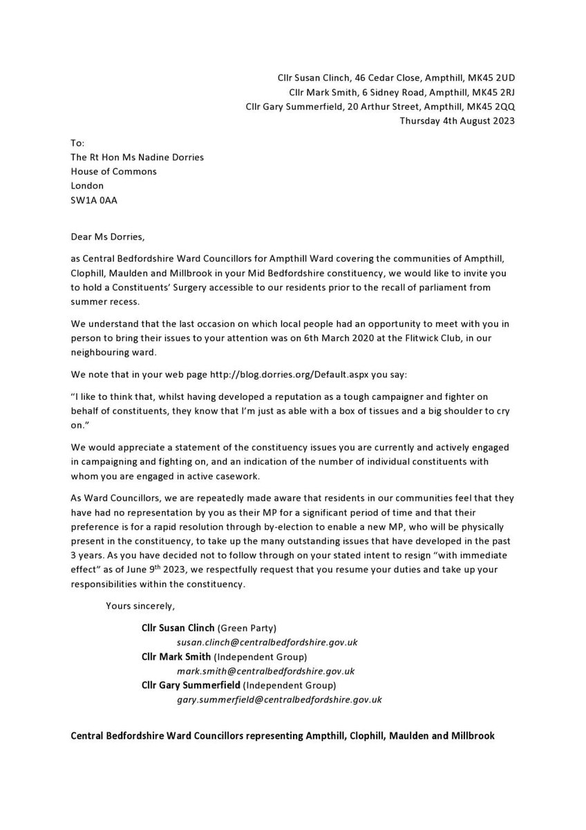 Letter from Cllr Susan Clinch, Cllr Mark Smith & Cllr Gary Summerfield (Central Bedfordshire Councillors for Ampthill, Maulden, Clophill & Millbrook) asking that Nadine Dorries resumes her duties as MP for Mid Bedfordshire or resigns as she promised @NadineDorries