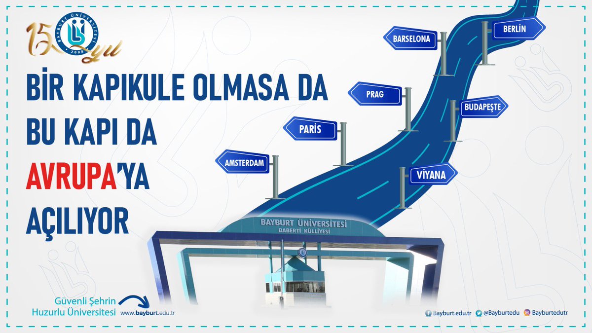 Bu yıl üniversitemizi tercih edip yerleşecek öğrenciler içinden puanları en yüksek olan ilk 20'si olmak üzere toplamda 50 öğrencimiz, Bayburt Üniversitesi Kalkındırma Vakfı sponsorluğunda Avrupa seyahatine çıkıyor. 

Avrupa'ya giden yol, Bayburt'tan geçiyor...!