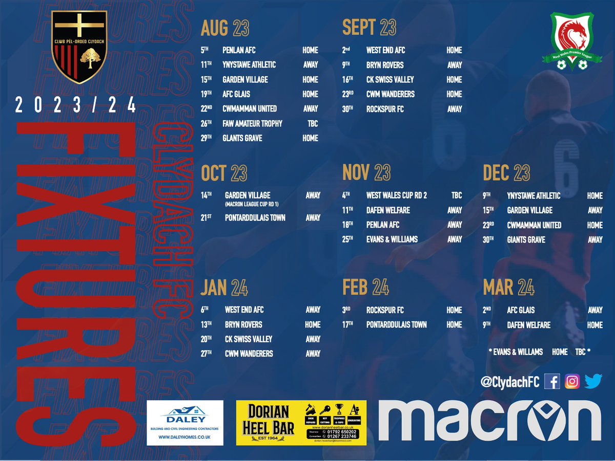 ClydachFC's tweet photo. We look forward to the new season and our second in the Macron West Wales Premier League @PremierWales.

We kick off with a tough opening fixture against current champions @PenlanAFC at Coed Gwilym Park.

2.30 KO and Admission is £3. There are hot and cold refreshments available. https://t.co/8Kdt6uqATI