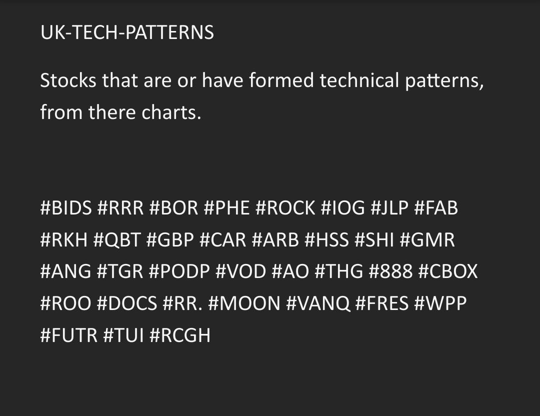 TheArchitect_GT's tweet photo. 8/4/2023 π¬π§
UK-Potential-Tech-Patterns
https://t.co/H3TNJO44QU
#PHE #RR. #888 #TUI #FUTR #RCGH #WPP #MOIN #CBOX #RRR #ROO #DOCS #TGR #PODP #HSS #FAB #ROCK
#UKStocks #TechPatterns #Fundamentals #Stocks #Investing #GorillaTrading
UK-Tech-Patterns
+
Uk-fundamental-Stocksβ€΅οΈ https://t.co/3ELshxK346