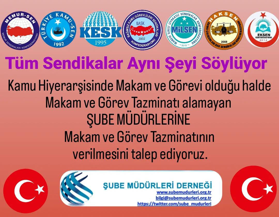 <a href="/trkmen_zgr/">Özgür İsmail Türkmen</a> <a href="/HMBakanligi/">T.C. Hazine ve Maliye Bakanlığı</a> <a href="/isikhanvedat/">Prof. Dr. Vedat Işıkhan</a> <a href="/nergissimsek65/">Nergis Şimşek</a> <a href="/MemurSenKonf/">Memur-Sen</a> <a href="/HBTONBUL/">HACI BAYRAM TONBUL 🇹🇷</a> <a href="/_aliyalcin_/">Ali YALÇIN</a> <a href="/_cevdetyilmaz/">Cevdet Yılmaz</a> <a href="/dbdevletbahceli/">Devlet Bahçeli</a> <a href="/ErbakanFatih/">Dr. Fatih Erbakan</a> <a href="/TurkiyeKamusen/">Türkiye Kamu-sen</a> <a href="/KESK1995/">KESK</a> <a href="/sube_mudurleri/">Şube Müdürleri</a> <a href="/RTErdogan/">Recep Tayyip Erdoğan</a> <a href="/_cevdetyilmaz/">Cevdet Yılmaz</a> <a href="/isikhanvedat/">Prof. Dr. Vedat Işıkhan</a> <a href="/csgbakanligi/">T.C. Çalışma ve Sosyal Güvenlik Bakanlığı</a> <a href="/_aliyalcin_/">Ali YALÇIN</a> <a href="/OnderKahveci/">Önder Kahveci</a> <a href="/HBTONBUL/">HACI BAYRAM TONBUL 🇹🇷</a> <a href="/MemurSenKonf/">Memur-Sen</a> <a href="/TurkiyeKamusen/">Türkiye Kamu-sen</a> <a href="/ntv/">NTV</a> <a href="/cnnturk/">CNN TÜRK</a> <a href="/HaberturkTV/">Habertürk TV</a> 
Şube müdürleri ve müdürlere 2000 puan makam tazminatı istiyoruz.
#MüdürlerHakArayışında