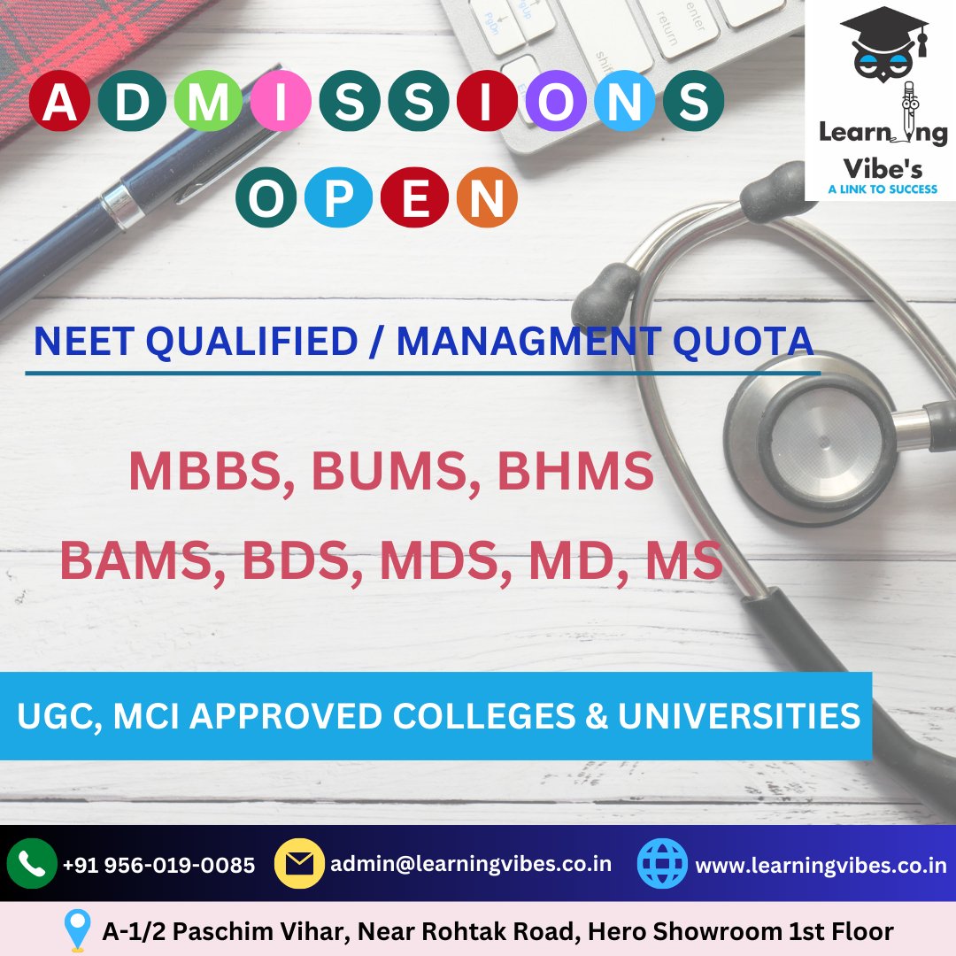 learning_vibe's tweet photo. Unlock the Path to Excellence: Pursue MBBS, BHMS, BUMS, BAMS, BDS, MDS, MD, MS at India's Premier Private Medical Colleges with LEARNING VIBE'S.

For more info:
Call us: +91 9560190085
.
.
.
#learningvibes #education #bhms #mbbs #bds #md #mds #learningvibes #approved #management https://t.co/uiPX3fauoB