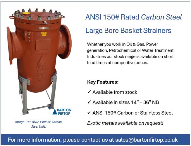 Our cast Large Bore Basket Strainer range with great dirt holding capacity has strainer apertures available ranging from bolt-catcher [e.g. ø10mm] down to 50 micron.

#BartonFirtop #WorldLeadingFiltration #LowLossStrainers