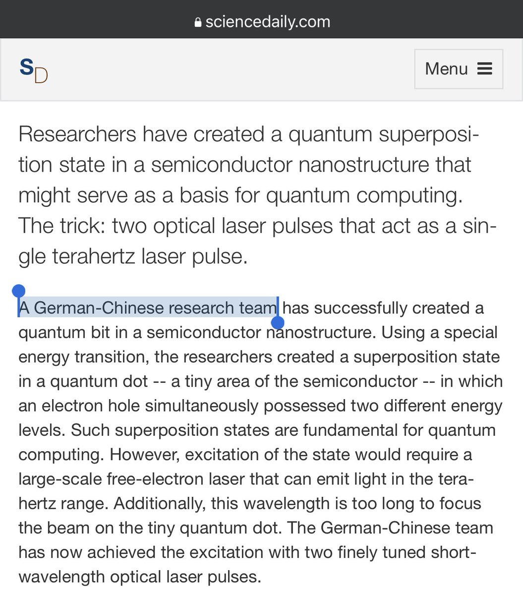 Kanthan2030's tweet photo. How subtle racism and propaganda work. A team lead by scientists in China worked with counterparts from Germany to make a breakthrough in quantum computing.

But it’s described as “German-Chinese” team! And the photos are only those of Germans!

The first four authors of the paper are Chinese, but the casual reader wouldn’t know.